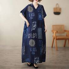 Vestido midi de cuello ancho y manga corta para mujer, largo extendido, mezcla de algodón y lino, fino, con cuello en V, idea... - 5909 Azul marino - Ver 1