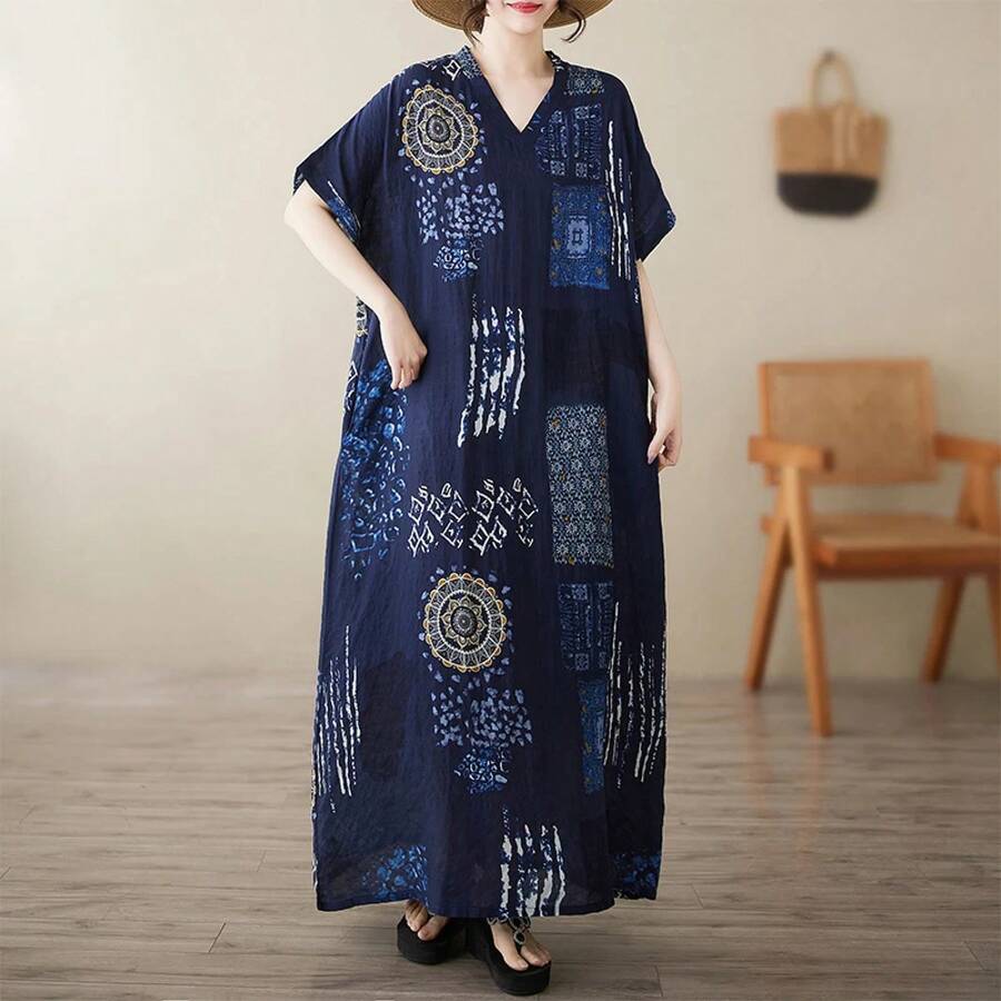 Vestido midi de cuello ancho y manga corta para mujer, largo extendido, mezcla de algodón y lino, fino, con cuello en V, idea... - 5909 Azul marino - Ver 1
