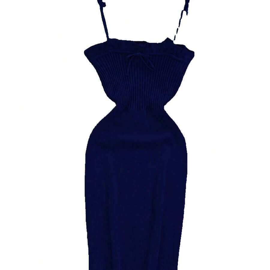 2024 Vestido acanalado con cordones Vestido elegante liso ajustado con volantes Ropa de mujer Mini vestido corto ajustado - Azul marino - Ver 1