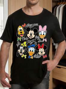 Disney 1件男士米奇米妮卡通印花短袖T恤，圆领，弹力面料，适合日常穿着，易打理，时尚休闲男士T恤，短袖T恤 - 黑色 - 查看 3
