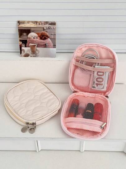 1 pieza Bolsa de almacenamiento multifuncional con cierre de cremallera en forma de corazón sólido para almohadillas sanitarias, maquillaje, lápiz labial, cámara, cargador, tampones, cosméticos, viajes, vacaciones, escuela, monedas, joyas y otros artículos pequeños. Ideal como regalo para amigas, mamá, dama de honor o cumpleaños.