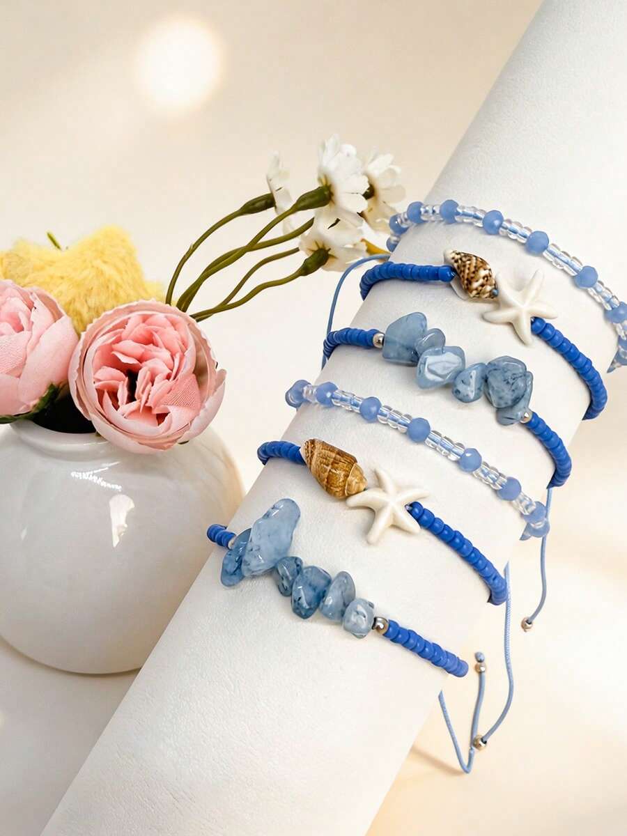 Bộ 6 vòng tay đính hạt chủ đề đại dương có thể điều chỉnh, vòng tay xếp chồng hình sao biển bằng đá tự nhiên màu xanh dương phong cách Boho, trang sức mùa hè đi biển dành cho nữ. - Nhiều màu - Xem 1