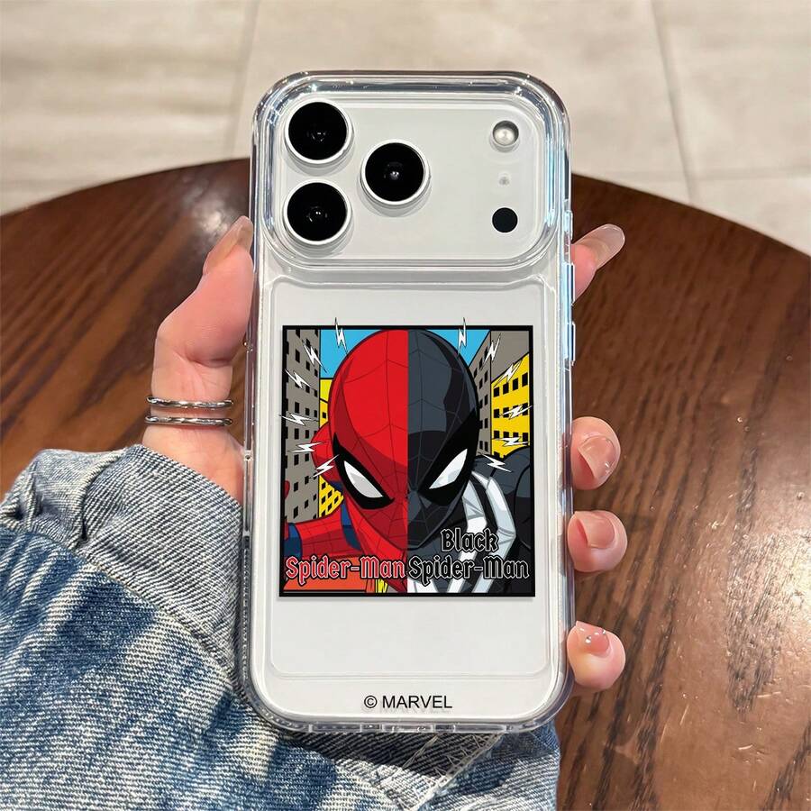 Funda de teléfono transparente con diseño dividido de Spider-Man & Black Spider de Marvel compatible con iPhone 17/17 Pro/17 Pro Max/17 Air/16/15/14/13/12/11/X Serie Funda iPhone 17 Pro Max Funda iPhone 17 Pro Funda iPhone 17 La novia, regalo ideal para fans del anime - transparente - Ver 1