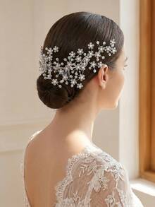 1pc Shiny Crystal Flower & Pearl Hair Comb, Elegant Women's Hair Accessory, Versatile For Daily Wear, Party, Celebration, Festival - Silver - View 5