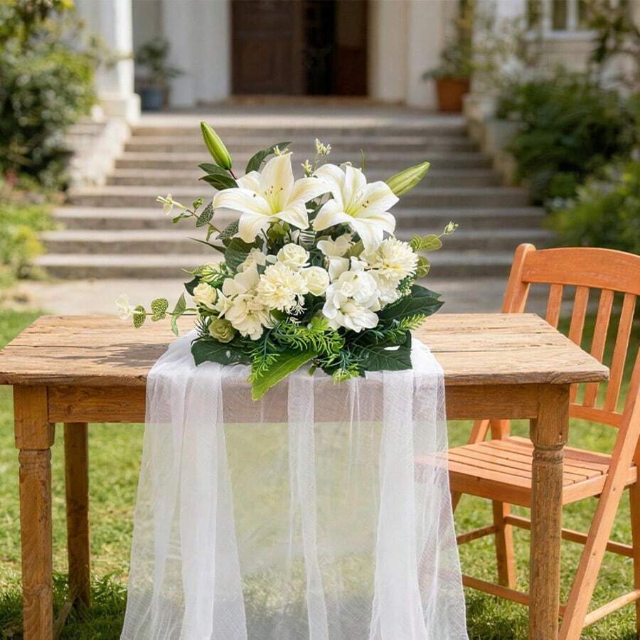 Pure White Artificial Flower Ball, Lilies, Roses, And Green Leaves, Wedding Table Centerpiece, Suitable For Banquets, Parties, And Home Table Decorations, Full And Three-Dimensional. - White - View 1