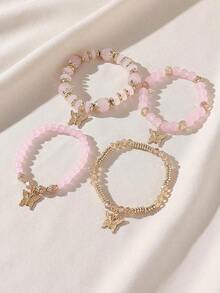 4pcs Bohemian Handmade Glass Beaded Bracelet Set With Flower Bead & Butterfly Pendant For Women, Elastic - Cà phê - Xem 5