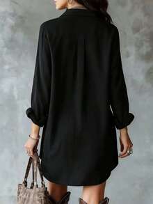 Plus Size Women's Black Long Sleeve Polyester Button-Up Shirt Dress, Lapel Collar, High-Low Hem Design, With Pockets - Black - View 2