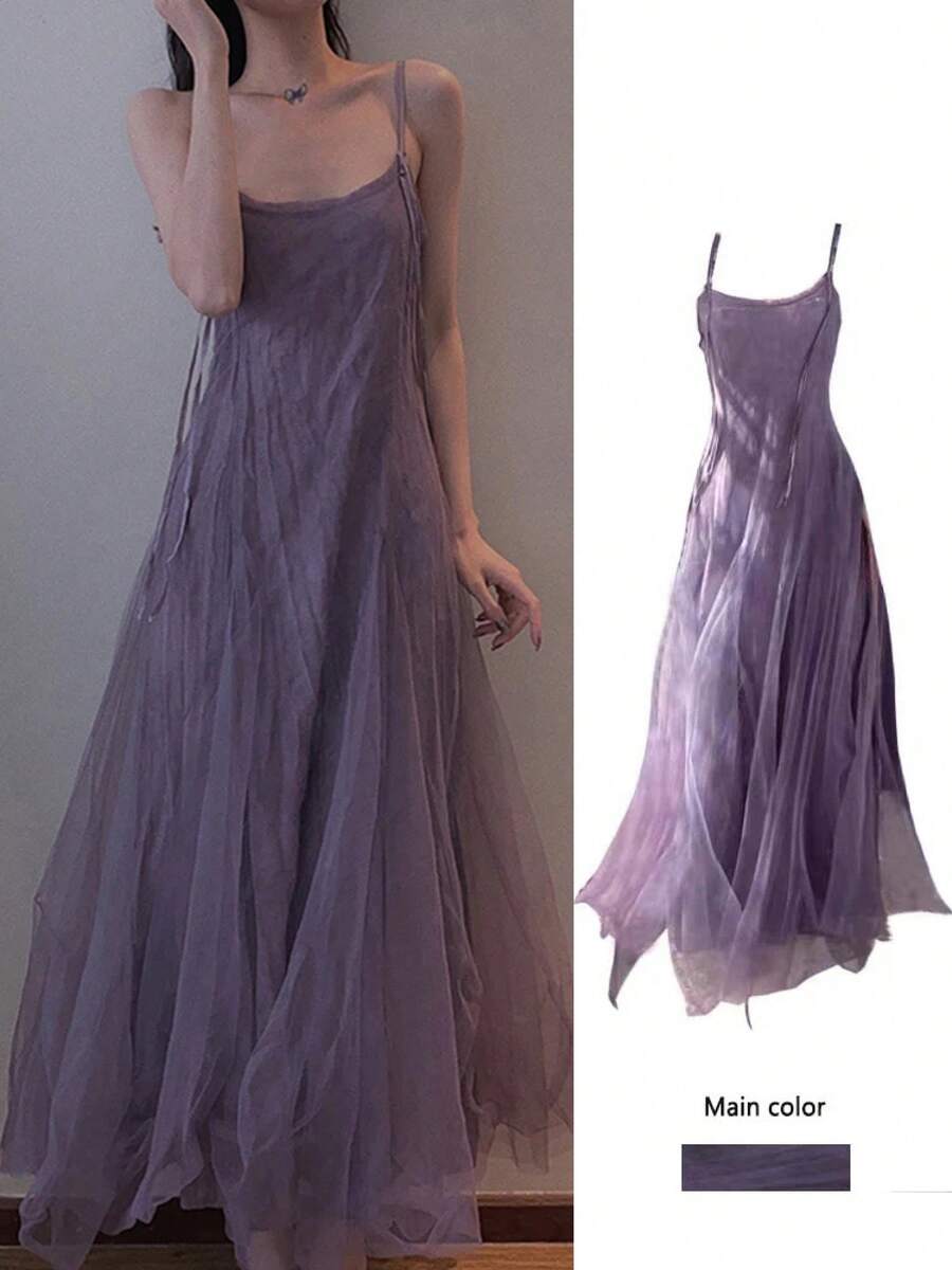 Vestido largo de encaje para mujer, talla ande, primavera 2026, efecto adeazante, sin tirantes, estilo coreano, cintura a... - Morado - Ver 1