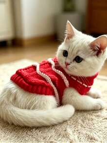 温暖可爱的宠物毛衣，猫狗秋冬服装 - 紅色 - 查看 3