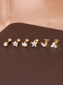 6件套不锈钢花朵星星锆石耳钉套装，女士18K镀金耳骨耳廓穿孔耳钉，女士首饰 - 6PCS-2# - 查看 5