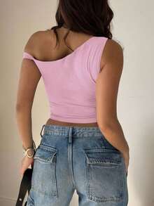 Blusa de verano de color liso, de hombro oblicuo y manga corta para mujer - Rosa - Ver 2