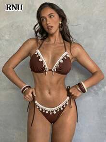 RNU Vintage Brown Lace Trim Spaghetti Strap Bikini 2-Piece Set, Elegant Handmade Bow Tie Side Strap Thong Swimsuit, Retro Boho Style Women's Swimwear, Romantic Crochet Hollow Out Beach Dress, Perfect For Tropical Summer Vacation, Beach Pool Party, Seaside Holiday, Resort Wear, High-Waisted Y2K Style Swimsuit, Women Casual Swimwear - Brown - View 5
