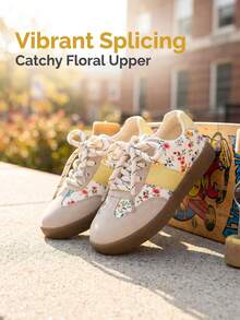 2026 Neue Mädchenschuhe, weicher Blumenstoff und bequemes PU-Mischgewebe, runde Zehenkappe, flache Schnürschuhe. Geeignet für den täglichen Gebrauch, passend für Frühling und Herbst. Süßer und frischer Stil, weiche Sohle Lässig Schuhe für Mädchen. - Gelb - Übersicht 1