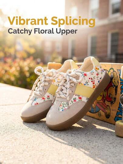 A Pair Of 2026 New-Style Girls' Shoes With Soft Floral Upper And Comfortable PU Patchwork Material. Round-Toe Low-Top Lace-Up Flat Shoes. Suitable For Daily Running And Jumping / Spring And Autumn Seasons. Sweet And Fresh Style Girls' Soft-Soled Casual Shoes.