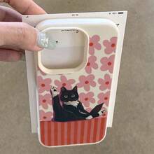 1 pieza Funda de teléfono de material TPU con patrón divertido de gato negro y flores, adecuada para iPhone 17 Pro Max/17/16 Pro Max/15/13/12/11, S20 FE/A15/S24/A55, Note 11/Note 12/Note 13 Pro, cobertura completa, protección suave anti-caídas - Blanco - Ver 3
