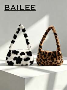 1pc Autumn/Winter New Plush Leopard Print Tote Bag, With Interior Storage Space, Zipper Closure, Top Handle Design, Suitable For Outfits, Storage, And Outdoor Shopping. Also Available In Tiger Print And Cheetah Print Designs. - Brown - View 1