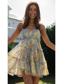 Floral Print Cami Mini Dress, Tiered Ruffle Hem, Casual Vacation Sundress - 橘黃綠 - 查看 10