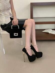 Giày cao gót mũi tròn cổ điển cao 17cm, giày nữ thanh lịch, đa năng, quai ngọc trai thoải mái, giày đa dụng - màu đen - Xem 12