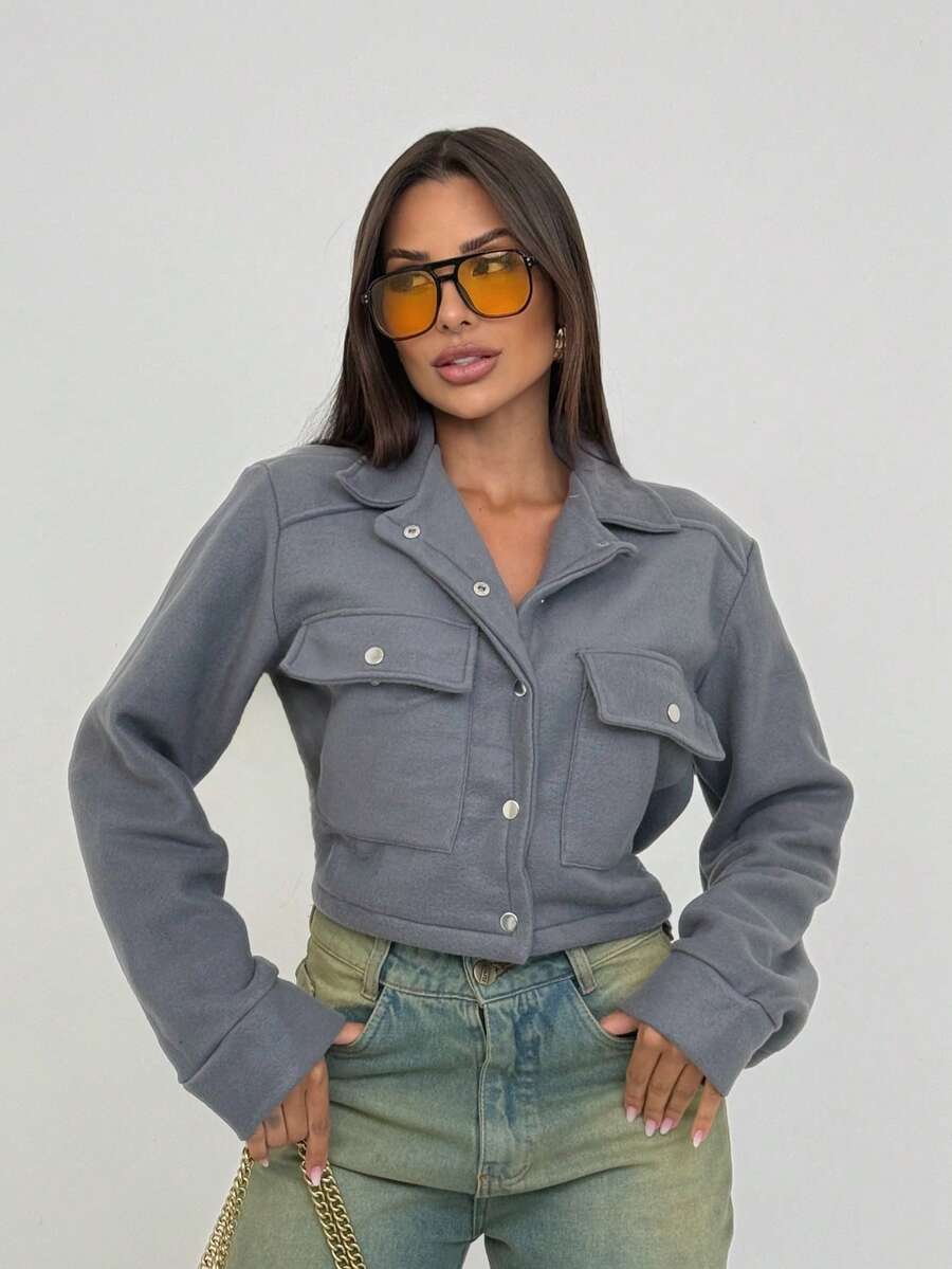 Women's Short Soft Bomber Jacket - Dark Grey - View 1