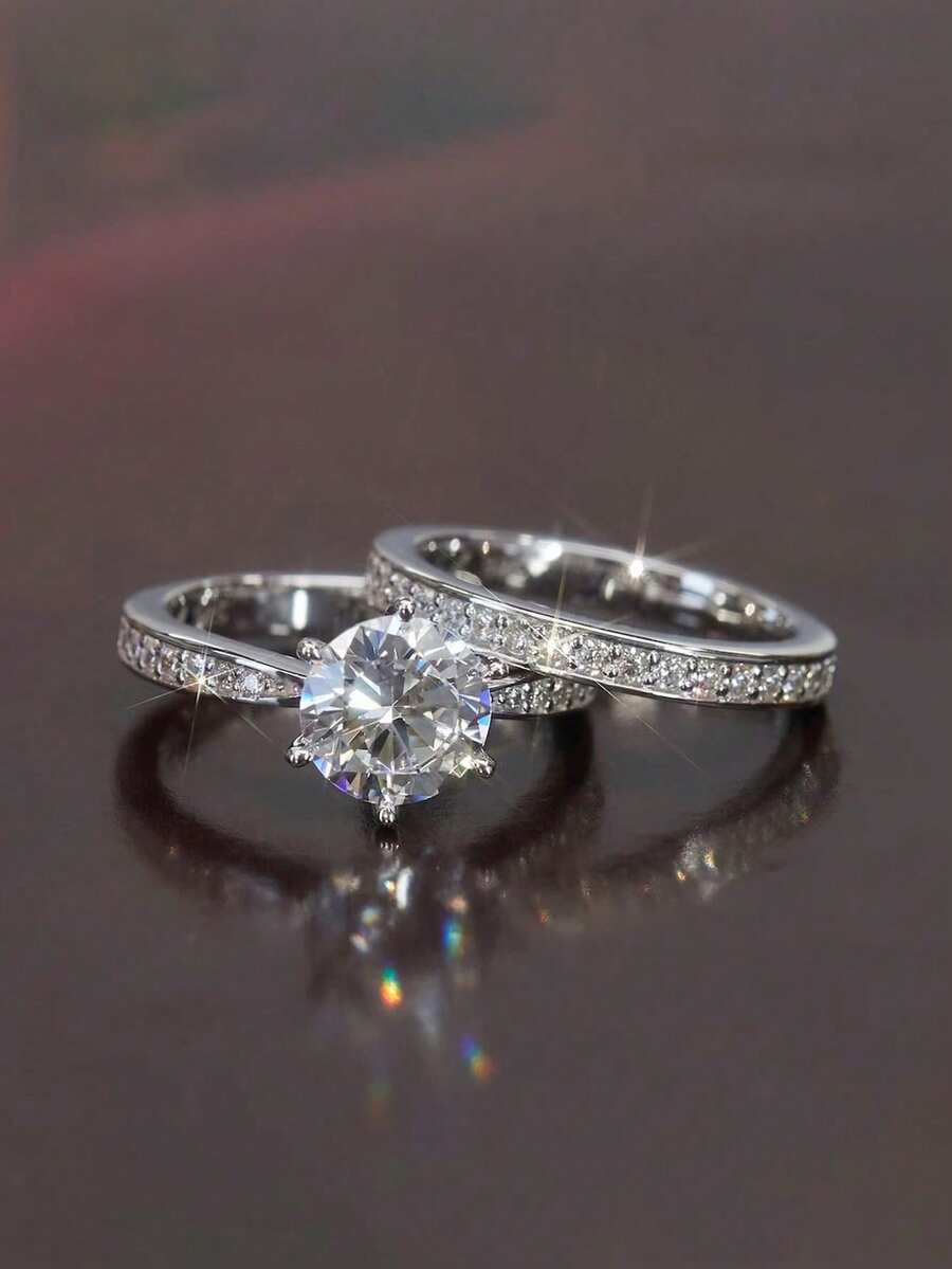 2pcs Luxurious Cubic Zirconia Stone Rings, Suitable For Women, Ideal For Weddings, Engagements, Anniversary Parties, Valentine's Day Gifts - 1# - View 1