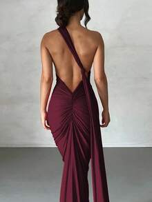Vestido de fiesta elegante de verano para mujer, de un solo hombro, ajustado y con espalda descubierta, de unicolor - Burdeos - Ver 3