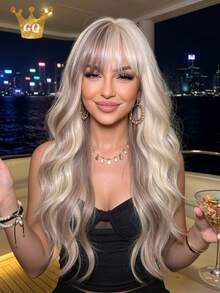 26 Inch Golden Highlight Linen Brown Two Tone Wavy Curly Hair Wig For Women With Light Bangs Fluffy Synthetic Heat Resistant Fiber Long Wig Natural Looking For Daily Party Use, Halloween - Two-Tone - View 1