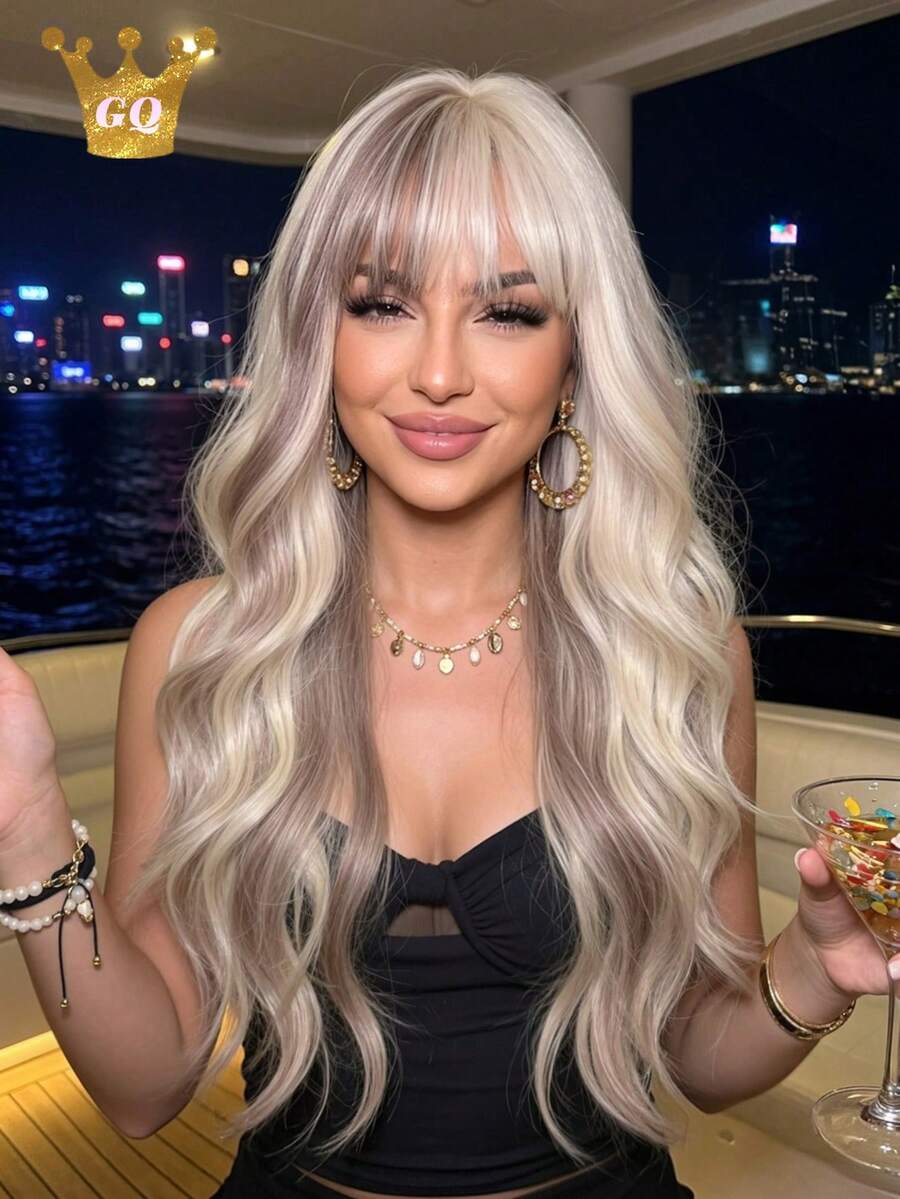 26 Inch Golden Highlight Linen Brown Two Tone Wavy Curly Hair Wig For Women With Light Bangs Fluffy Synthetic Heat Resistant Fiber Long Wig Natural Looking For Daily Party Use, Halloween - Two-Tone - View 1