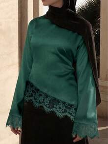 Women's Elegant Lace Patchwork Asymmetric Hem Long Sleeve Blouse, Suitable For Spring And Summer - Dark Green - View 3