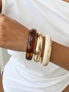 3pcs Fashionable Minimalist Round Stackable Bangle Bracelets Set, Stylish Personalized Beach Style Wristbands For Women - Brown - View 2