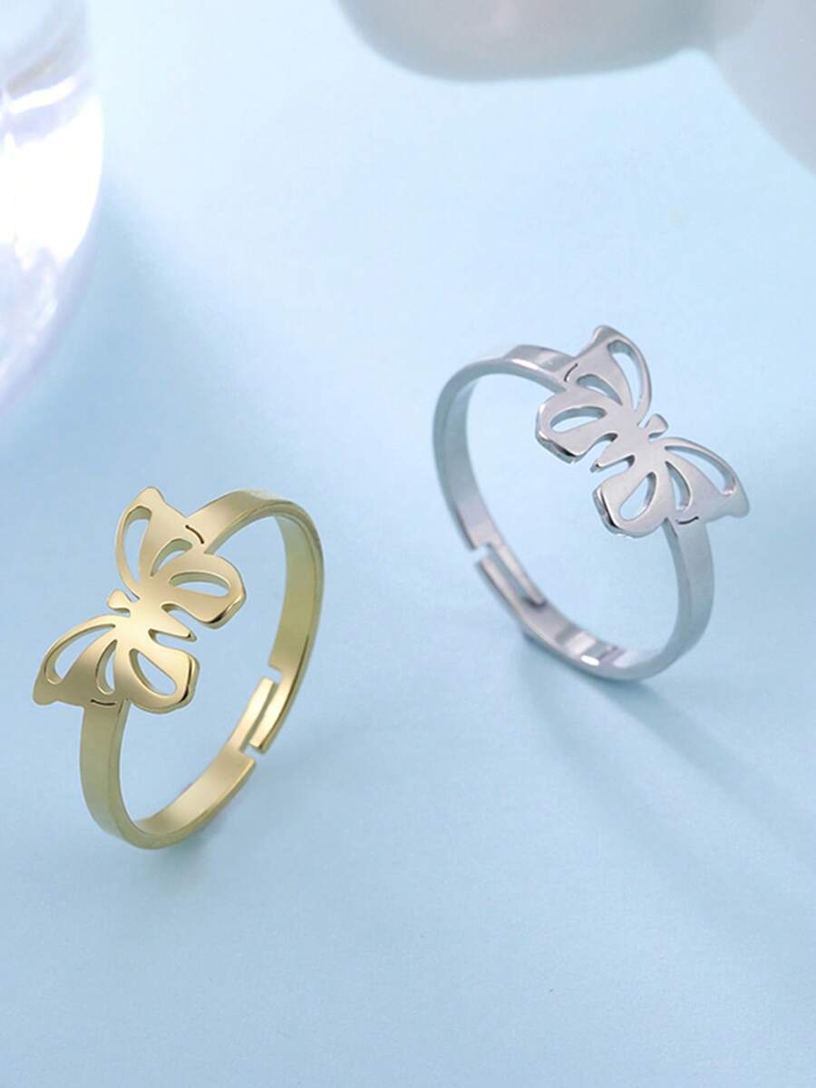 LIKGREAT 1pc Stainless Steel Butterfly Pattern Adjustable Open Ring, Minimalist Fashion Personalized Couple Rings, Mother's Day Jewelry Gift - Butterfly Series - View 1