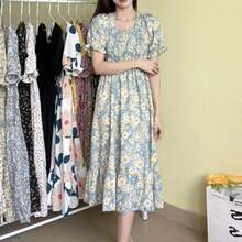 Primavera Verano cintura elástica vestido de gasa mujeres Vestidos casuales moda femenina Vestidos de manga corta plisado A-line Vestidos - solo - Ver 4