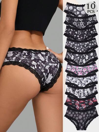  Dircho 10pcs Women Sexy Cute Contrast Lace Trims Gothic Halloween Skull & Moons & Stars Allover Print Briefs - Soft, Seamless & Stretchy - Luxurious Comfort For Women Lingerie Collection