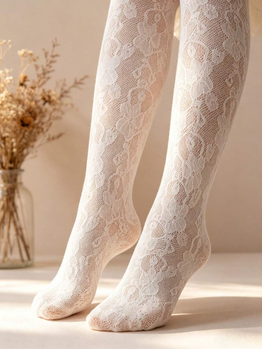 1件装 女童/女孩春夏薄纱花卉蕾丝连裤袜,米色透气舒适紧身裤,适合日常穿着、休闲活动、舞台表演、节日礼物 - 米色 - 查看 1