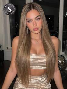 30 Inch Ombre Light Brown 13x4 Lace Front Wig For Women Long Straight Synthetic Hair Wig Pre Plucked Natural Hairline Heat Resistant Glueless Hair Wig Daily Party Cosplay Realistic Hairline Lightweight Breathable Easy Install Beginner Friendly - 棕色 - 查看 2