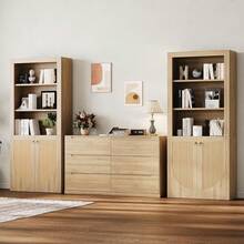 70.9" Tall Bookshelf, 5-Tier Rattan Bookcase With Storage Cabinet, Large Mid-Century Bookshelves And Bookcases With Doors, Boho Furniture For Books, Decor, Living Room, Bedroom, Kitchen - Màu gỗ quả - Xem 3