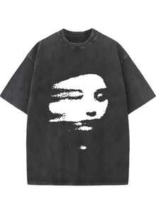 New Summer 2026 Collection, 1 Piece Vintage Blurred Portrait Print Cotton T-Shirt - Soft Washed Street Style Crew Neck Shirt With Subtle Facial Pattern, Suitable For Casual Wear In All Seasons, Perfect Holiday Gift 2026, Sizes: S–7XL; Ships Within 24 Hours - 黑色 - 查看 1
