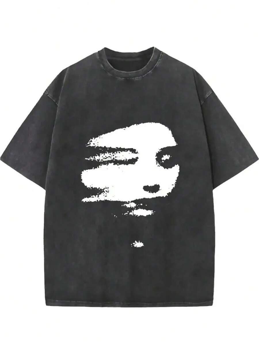 New Summer 2026 Collection, 1 Piece Vintage Blurred Portrait Print Cotton T-Shirt - Soft Washed Street Style Crew Neck Shirt With Subtle Facial Pattern, Suitable For Casual Wear In All Seasons, Perfect Holiday Gift 2026, Sizes: S–7XL; Ships Within 24 Hours - 黑色 - 查看 1