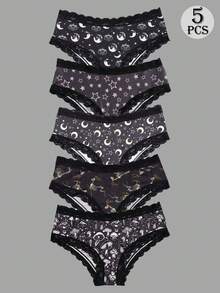Dircho 5pcs Women's Mysterious Print Lace Trim Panties, Moon & Star Celestial Pattern Mid-Waist Triangle Briefs, Soft Elastic Underwear Set - Multicolor - View 10