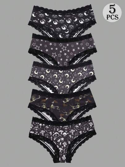  Dircho 5pcs Women's Mystic Print Briefs Set & Star-Moon & Skeleton Deer & Mushroom & Eye Pattern & Black Lace Trim & Soft Fabric & Dark Tone Scheme & Daily Comfort Underwear & Enchanting Casual Style