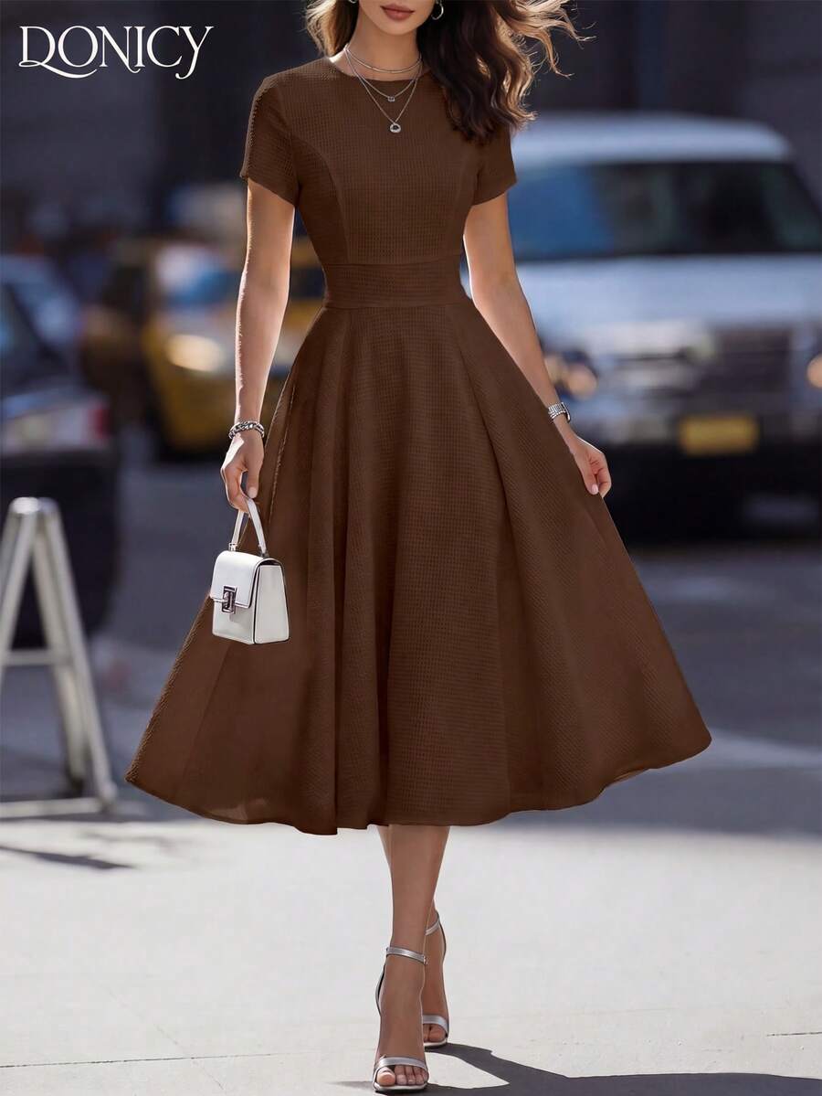 DONICY Women's White Textured Waist Belt Mid-Length Dress, Fashionable & Elegant For Spring/Summer, Suitable For Wedding Guest, Date, Casual Outing, Party - Coffee Brown - View 1