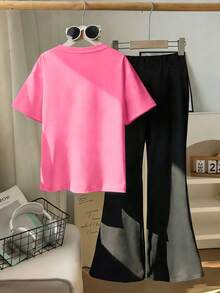 2pcs Tween Girl Letter A Print Short Sleeve T-Shirt And Flare Pants Set, Soft And Machine Washable, Spring/Summer - Hot Pink - View 3