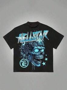 T Shirt Print ,Graphic-Cotton Tees Size Plus, Cartoon Round Neck Short Sleeve, Cyber Skull Men, Hellstars Cybernetic Skull Lightning Y2K Graphic T Shirt, 100 Percent Cotton Round Neck Short Sleeve Streetwear Essential Unisex, Independence Day Dark Style, For Men,Y2K,Oversized Shirt Men,With Shirt,Summer Tops,Shirt Suitable - 黑色 - 查看 1