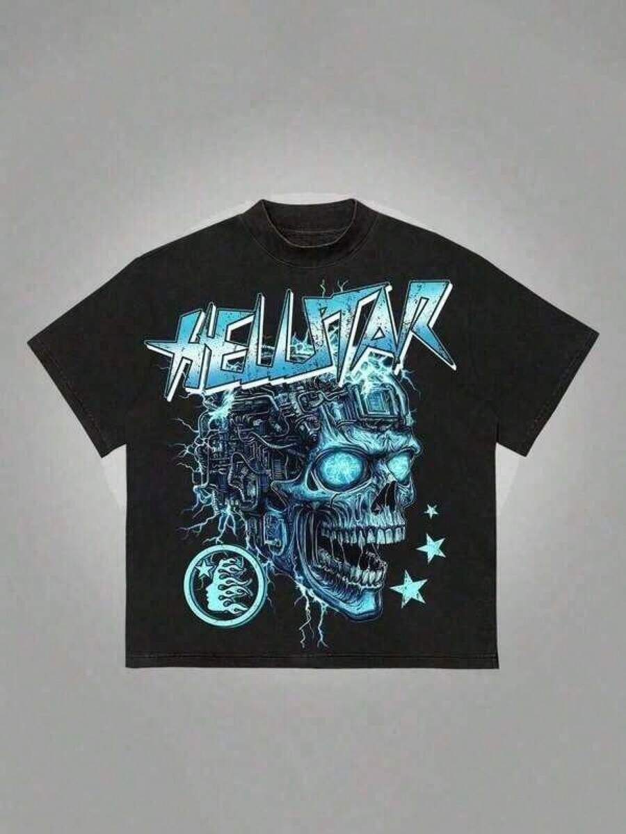 T Shirt Print ,Graphic-Cotton Tees Size Plus, Cartoon Round Neck Short Sleeve, Cyber Skull Men, Hellstars Cybernetic Skull Lightning Y2K Graphic T Shirt, 100 Percent Cotton Round Neck Short Sleeve Streetwear Essential Unisex, Independence Day Dark Style, For Men,Y2K,Oversized Shirt Men,With Shirt,Summer Tops,Shirt Suitable - 黑色 - 查看 1