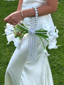 1pc Elegant White Calla Lily & Pearl Bridal Bouquet, Wedding Floral Decor Bouquet With Bow Accent, Mother's Day Gift, Photo Prop, Suitable For Bride, Bridesmaid, Mother's Day, Party Wreath - White - View 5