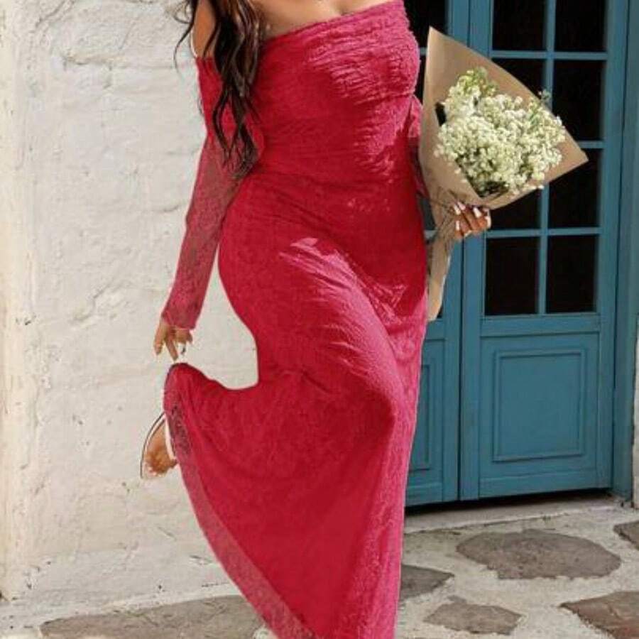 SunnyBelle Plus Size Women White Lace Off-Shoulder Mermaid Dress, Fitted Sexy Fashion, Spring/Summer - Rojo - Ver 1