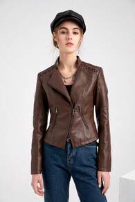 Women's Slim Fit Faux Leather Jacket Short Motorcycle Style Zip Up Casual Spring Autumn Coat - Coffee - View 6