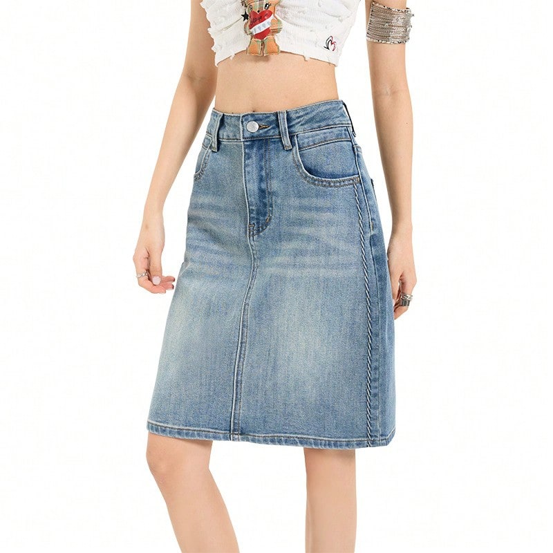 Women's High Waist Denim Midi Skirt Slim Fit Embossed Retro Style Casual Spring Summer Skirt - Blue - View 1