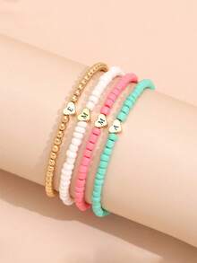 4pcs/Set Personalized Heart Beaded Bracelet, Fashion Bohemian Style Heart Bracelet Set, Minimalist Versatile 4-Color Seed Bead Bracelet - Multicolor - View 5