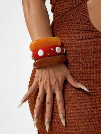 Set de 3 piezas Brazalete geométrico exagerado de estilo europeo y americano, brazalete ancho de lujo minimalista naranja-rojo de apertura amplia, joyería elegante, versátil y única para apilar