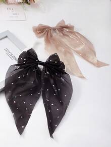 6pcs Random Solid Color Rhinestone Mesh Bow Hair Clips, Elegant Long Tail Big Size Hairpins, Cute Girl Princess Hair Accessories For Daily Wear And Party - Multicolor - View 11